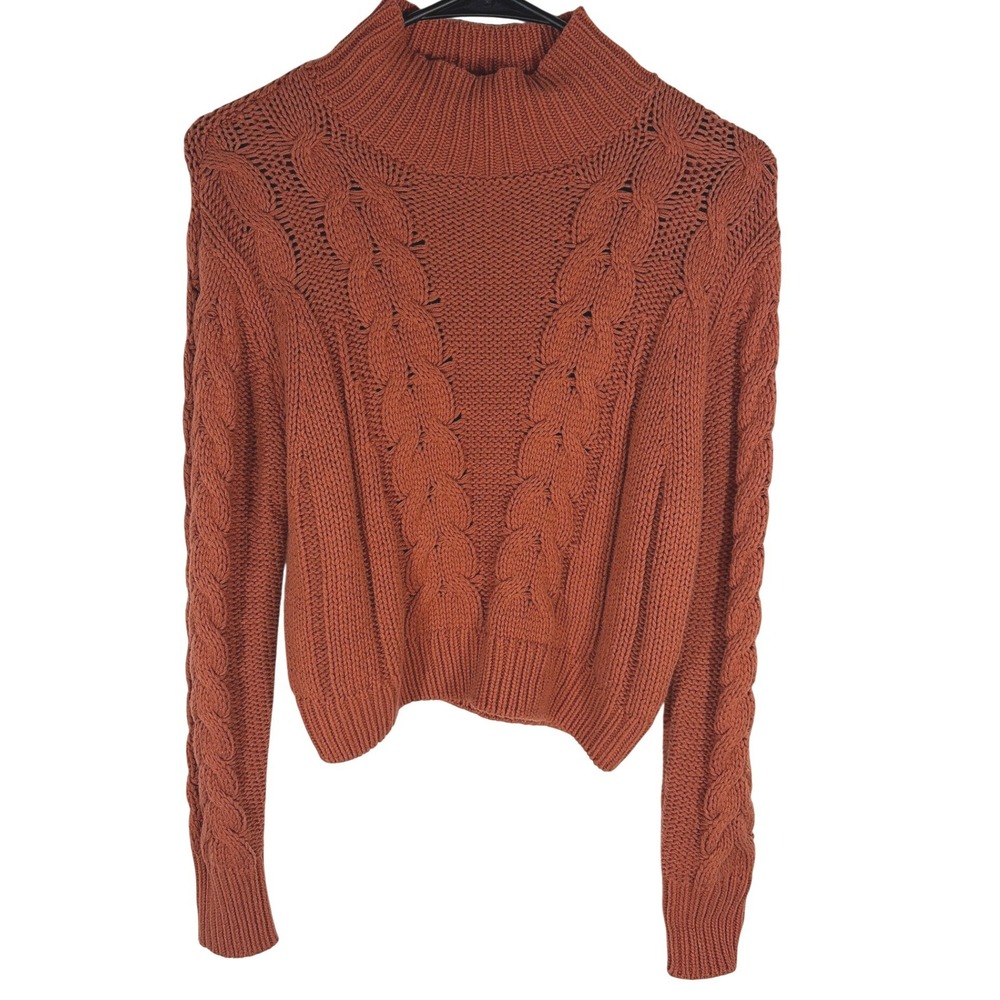 Aeropostale Womens Chunky Cable Knit Sweater Mock Neck Cropped Rust Orange XS